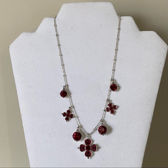 Pilgrim Danish designed red crystal enamel flowers silver plated necklace. Used - Picture 1 of 10